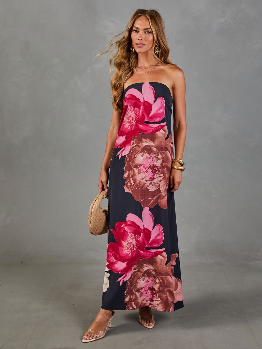 Strapless Navy Maxi Dress with Pink Floral Print